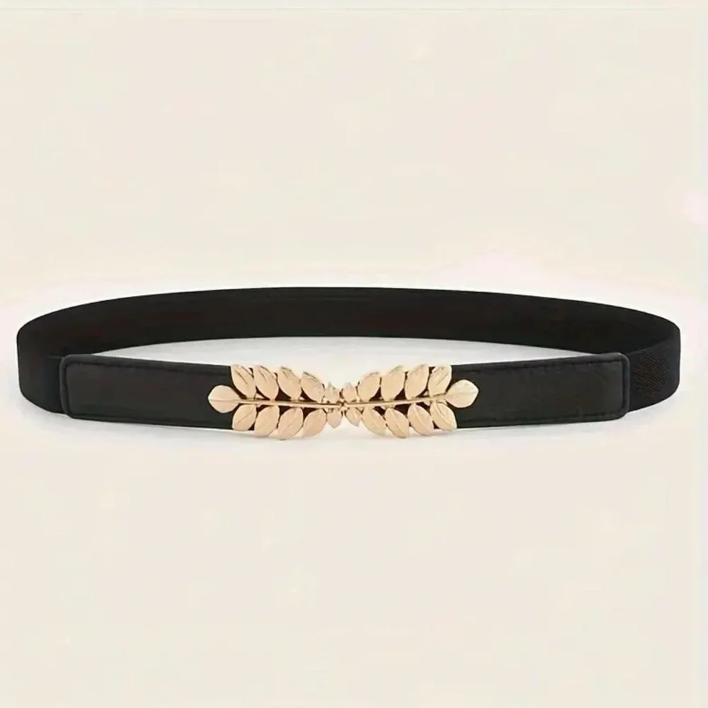 Black Elegant Gold Leaf‎ Buckle Elastic Casual Belt Adjustable One-Size